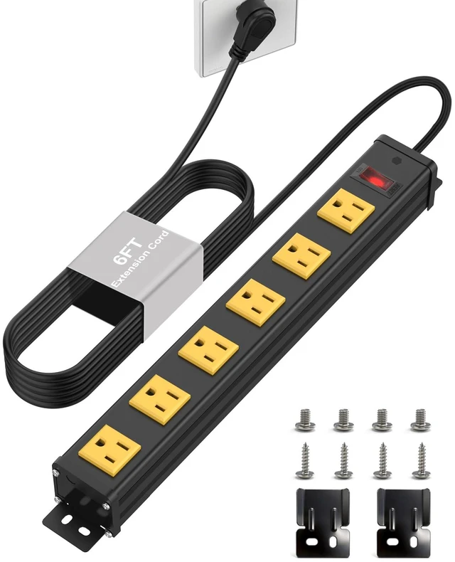 Main image of Long Power Strip, 6 Outlet Strip, Widely Spaced, 6FT 14AWG Cord Wall Mount, 1.97 Inch Spacing, 15A/1875W, Aluminum Housing, Surge Protection, ETL Listed for Garage, Home Office, School