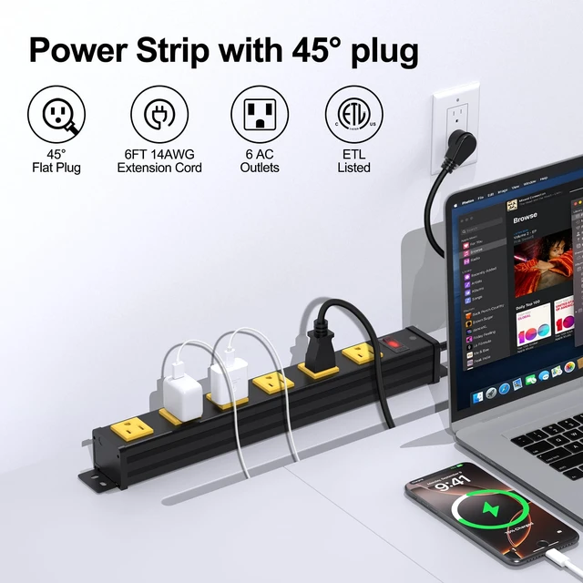 Alt view image 2 of 7 - Long Power Strip, 6 Outlet Strip, Widely Spaced, 6FT 14AWG Cord Wall Mount, 1.97 Inch Spacing, 15A/1875W, Aluminum Housing, Surge Protection, ETL Listed for Garage, Home Office, School