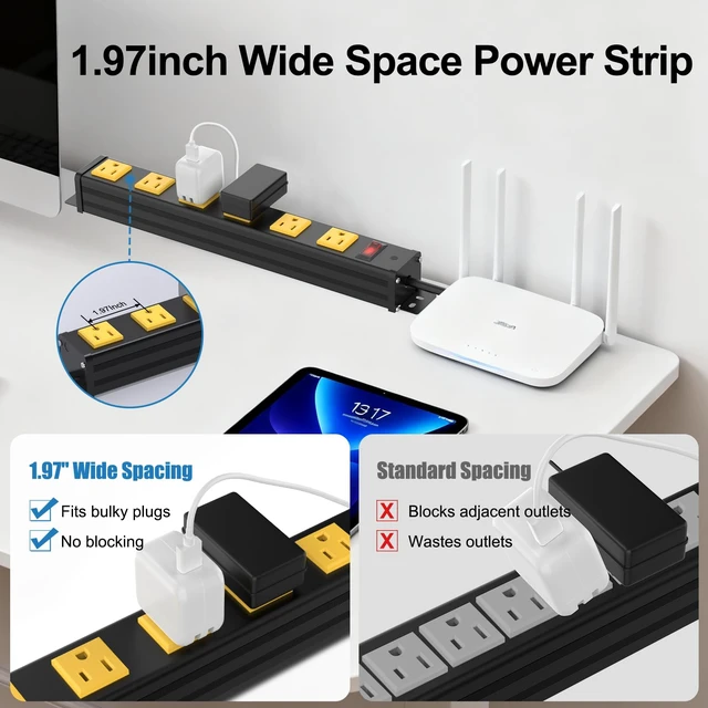Alt view image 3 of 7 - Long Power Strip, 6 Outlet Strip, Widely Spaced, 6FT 14AWG Cord Wall Mount, 1.97 Inch Spacing, 15A/1875W, Aluminum Housing, Surge Protection, ETL Listed for Garage, Home Office, School