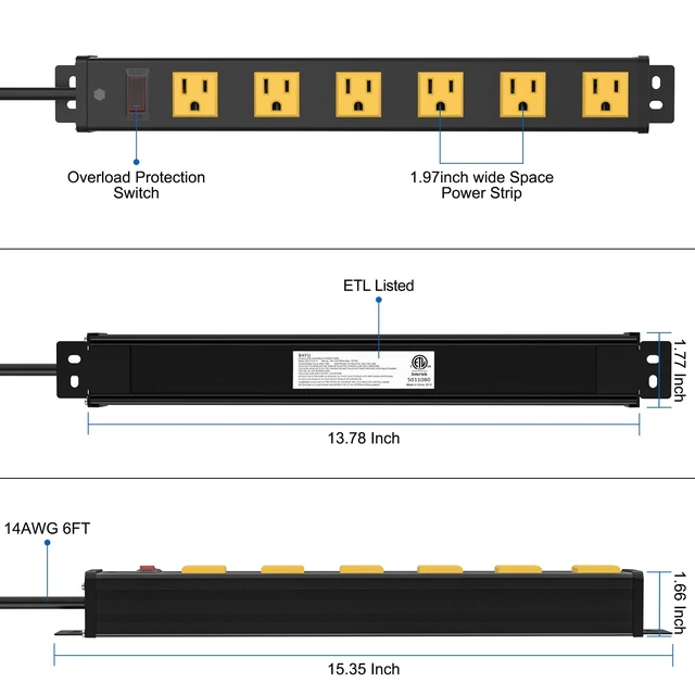 Alt view image 5 of 7 - Long Power Strip, 6 Outlet Strip, Widely Spaced, 6FT 14AWG Cord Wall Mount, 1.97 Inch Spacing, 15A/1875W, Aluminum Housing, Surge Protection, ETL Listed for Garage, Home Office, School