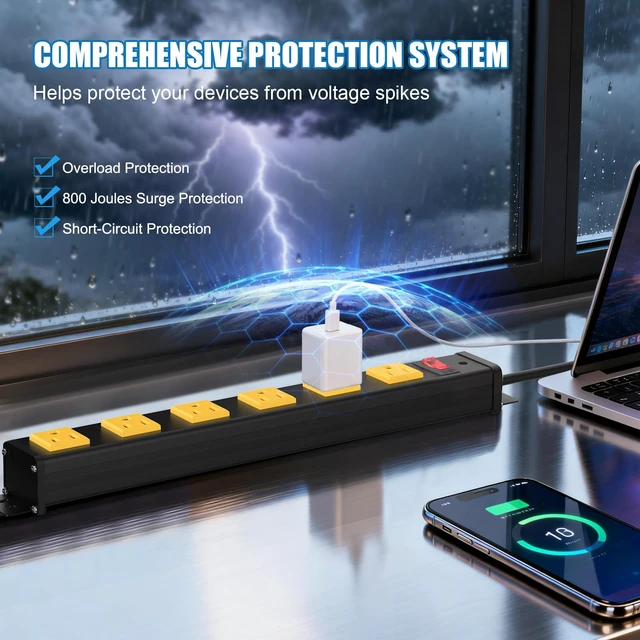 Alt view image 4 of 7 - Long Power Strip, 6 Outlet Strip, Widely Spaced, 6FT 14AWG Cord Wall Mount, 1.97 Inch Spacing, 15A/1875W, Aluminum Housing, Surge Protection, ETL Listed for Garage, Home Office, School
