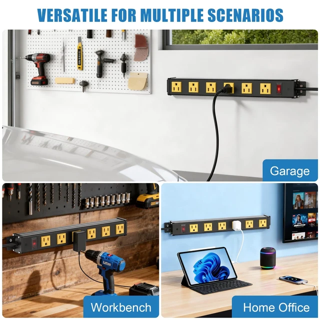 Alt view image 7 of 7 - Long Power Strip, 6 Outlet Strip, Widely Spaced, 6FT 14AWG Cord Wall Mount, 1.97 Inch Spacing, 15A/1875W, Aluminum Housing, Surge Protection, ETL Listed for Garage, Home Office, School
