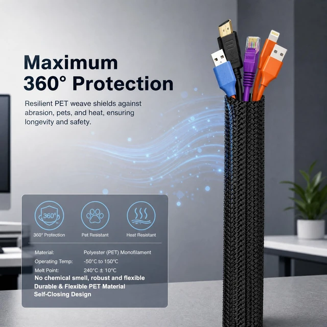 Alt view image 6 of 7 - Split Wire Loom Cable Sleeve Management 3/4" Braided Mesh Wrap Cord Cover 10ft Black PET Reusable Wire Tubing Sheath, Flexible Wear Resistance Cord Organizer for Desk Computer Auto Home Appliances
