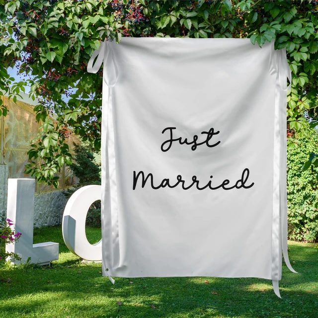 Alt view image 2 of 6 - 29x39 Inch Just Married Banner Wedding Burlap Backdrop Fabric Photo Props Sign with Ribbons and Hooks for Wedding Marriage Party Indoor Outdoor Wall Hanging Decoration