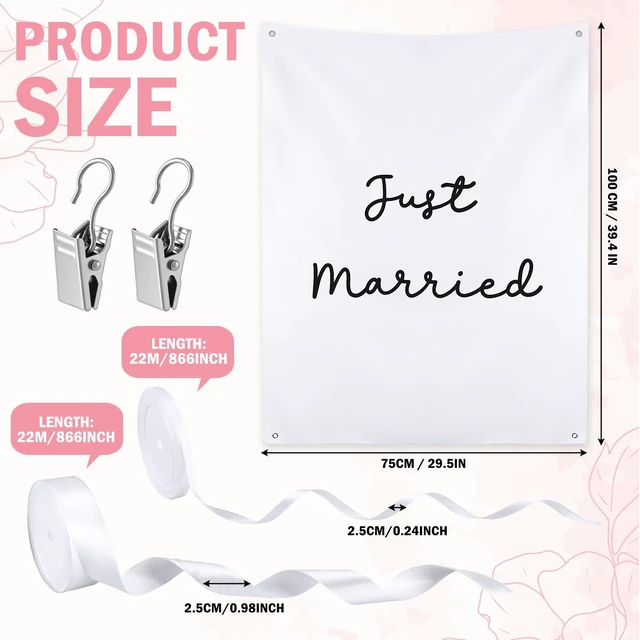 Alt view image 3 of 6 - 29x39 Inch Just Married Banner Wedding Burlap Backdrop Fabric Photo Props Sign with Ribbons and Hooks for Wedding Marriage Party Indoor Outdoor Wall Hanging Decoration
