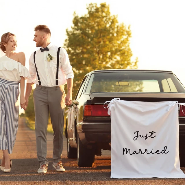 Alt view image 4 of 6 - 29x39 Inch Just Married Banner Wedding Burlap Backdrop Fabric Photo Props Sign with Ribbons and Hooks for Wedding Marriage Party Indoor Outdoor Wall Hanging Decoration