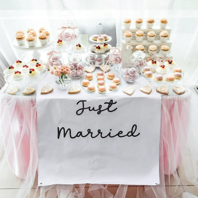 Alt view image 5 of 6 - 29x39 Inch Just Married Banner Wedding Burlap Backdrop Fabric Photo Props Sign with Ribbons and Hooks for Wedding Marriage Party Indoor Outdoor Wall Hanging Decoration