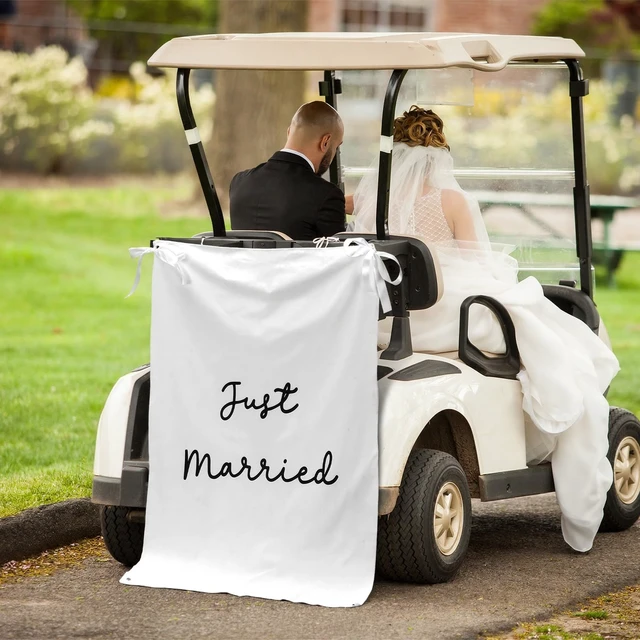 Alt view image 6 of 6 - 29x39 Inch Just Married Banner Wedding Burlap Backdrop Fabric Photo Props Sign with Ribbons and Hooks for Wedding Marriage Party Indoor Outdoor Wall Hanging Decoration