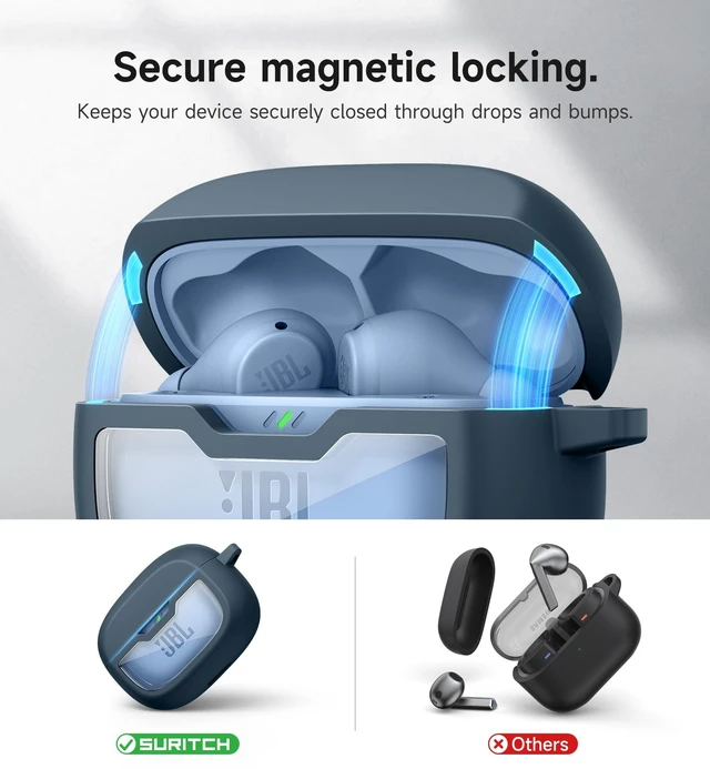 Alt view image 3 of 6 - Case Cover for JBL Vibe Beam/JBL Vibe Beam 2/ JBL Vibe 200TWS Earbuds, Shockproof Magnetic Protective Headphone Cover, Rugged Bumper Case with Carabiner & Cleaning Kit & Removal Tool, Navy