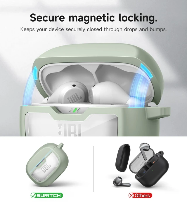 Alt view image 3 of 6 - Case Cover for JBL Vibe Beam/JBL Vibe Beam 2/ JBL Vibe 200TWS Earbuds, Shockproof Magnetic Protective Headphone Cover, Rugged Bumper Case with Carabiner & Cleaning Kit & Removal Tool, Green