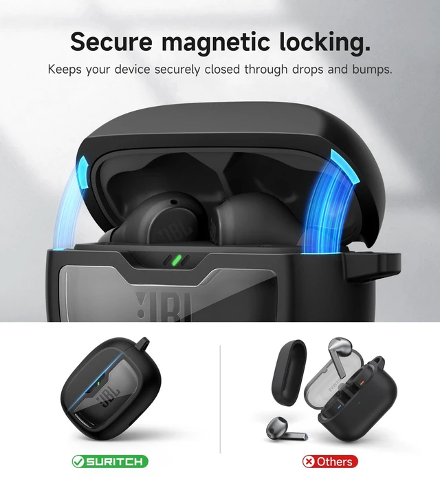 Alt view image 3 of 6 - Case Cover for JBL Vibe Beam/JBL Vibe Beam 2/ JBL Vibe 200TWS Earbuds, Shockproof Magnetic Protective Headphone Cover, Rugged Bumper Case with Carabiner & Cleaning Kit & Removal Tool, Black