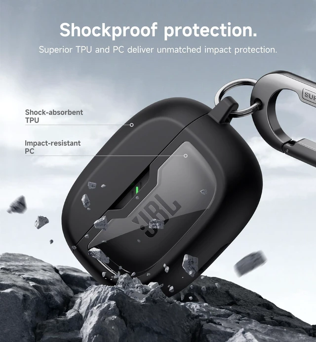 Alt view image 4 of 6 - Case Cover for JBL Vibe Beam/JBL Vibe Beam 2/ JBL Vibe 200TWS Earbuds, Shockproof Magnetic Protective Headphone Cover, Rugged Bumper Case with Carabiner & Cleaning Kit & Removal Tool, Black