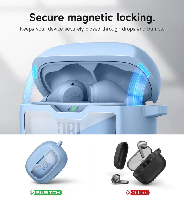 Alt view image 3 of 6 - Case Cover for JBL Vibe Beam/JBL Vibe Beam 2/ JBL Vibe 200TWS Earbuds, Shockproof Magnetic Protective Headphone Cover, Rugged Bumper Case with Carabiner & Cleaning Kit & Removal Tool, Blue