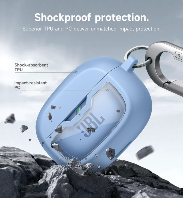 Alt view image 4 of 6 - Case Cover for JBL Vibe Beam/JBL Vibe Beam 2/ JBL Vibe 200TWS Earbuds, Shockproof Magnetic Protective Headphone Cover, Rugged Bumper Case with Carabiner & Cleaning Kit & Removal Tool, Blue