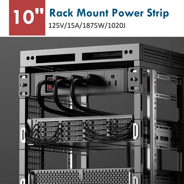 Alt view image 2 of 7 - 10 Inch Rack PDU Power Strip,1U RackMount Surge Protector Power Strip with15A Overload Switch, 360° Rotatable Mounting, for 10'' Mini Server Network Cabinets/Rack/Self, 6ft Cable