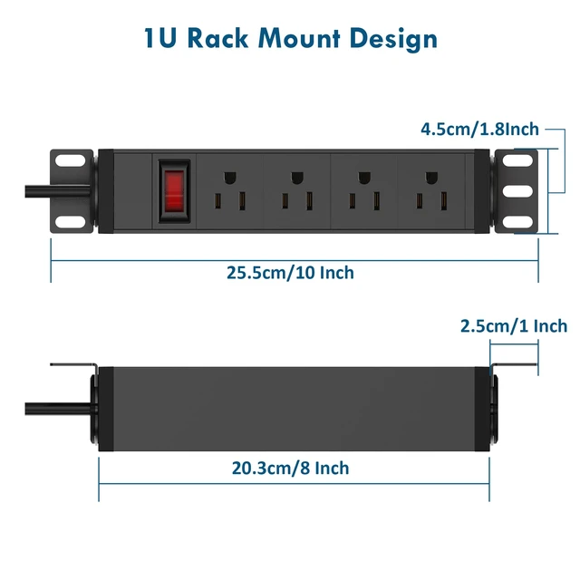 Alt view image 5 of 7 - 10 Inch Rack PDU Power Strip,1U RackMount Surge Protector Power Strip with15A Overload Switch, 360° Rotatable Mounting, for 10'' Mini Server Network Cabinets/Rack/Self, 6ft Cable