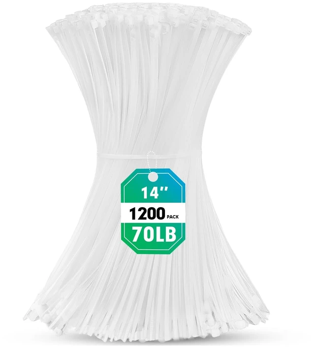 Main image of Zip Ties, 1200pcs Cable Zip Ties 14 Inch, Heavy Duty White Plastic Wire Ties with 70lb Tensile Strength, Self-Locking Nylon Cable Ties, Wire Management for Indoor and Outdoor