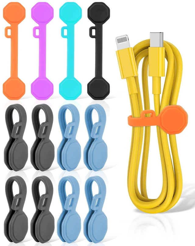 Main image of 12 PCS Silicone Magnetic Cable Ties, Reusable cord Organizer clips magnet cord holder for phone charging, compatible with USB/lightning cables, bookmarks, whiteboard magnets, fridge magnets