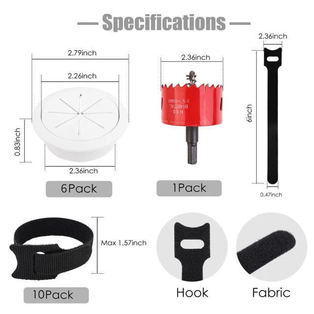 Alt view image 2 of 7 - 6 Pack Cord Hider for TV Wall Mounted TV, 2-3/8"(60mm Hole) Cable Raceways, in Wall Cable Management Kit, Includes 6 Pass Throughs, 1 Hole Saw Drill Attachment & 10 Cable Ties for Easy Install