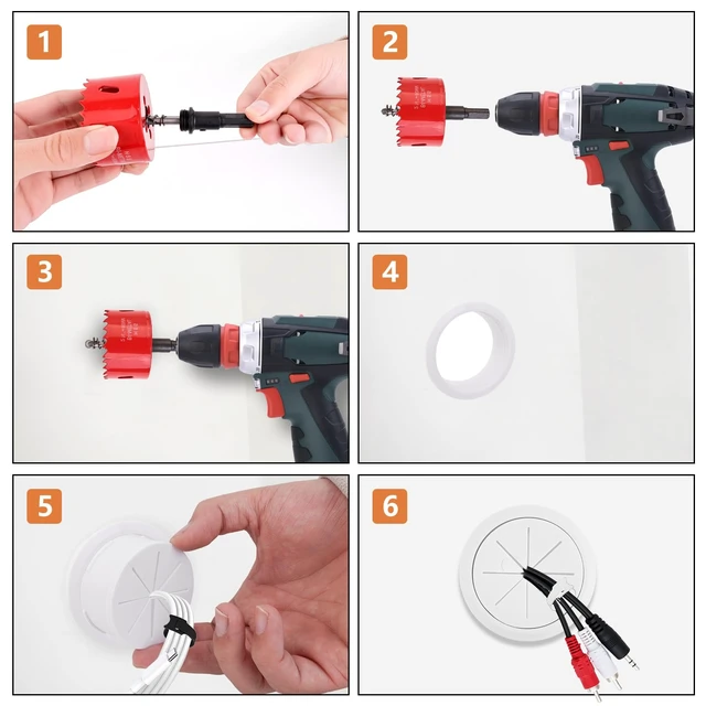 Alt view image 3 of 7 - 6 Pack Cord Hider for TV Wall Mounted TV, 2-3/8"(60mm Hole) Cable Raceways, in Wall Cable Management Kit, Includes 6 Pass Throughs, 1 Hole Saw Drill Attachment & 10 Cable Ties for Easy Install