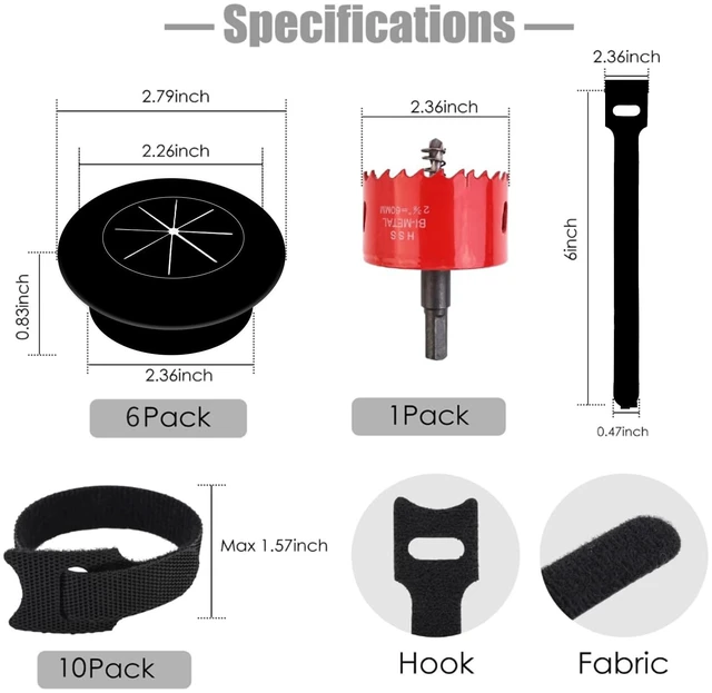 Alt view image 2 of 6 - 6 Pack Cord Hider for Wall Mounted TV, 2-3/8"(60mm Hole) Cable Raceway TV Wall, Wall Cable Management Kit, Includes 6 Black Pass Throughs, 1 Hole Saw Drill Attachment & 10 Cable Ties for Easy Install