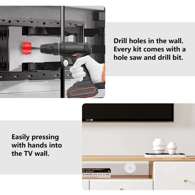 Alt view image 5 of 7 - 6 Pack Cord Hider for TV Wall Mounted TV, 2-3/8"(60mm Hole) Cable Raceways, in Wall Cable Management Kit, Includes 6 Pass Throughs, 1 Hole Saw Drill Attachment & 10 Cable Ties for Easy Install