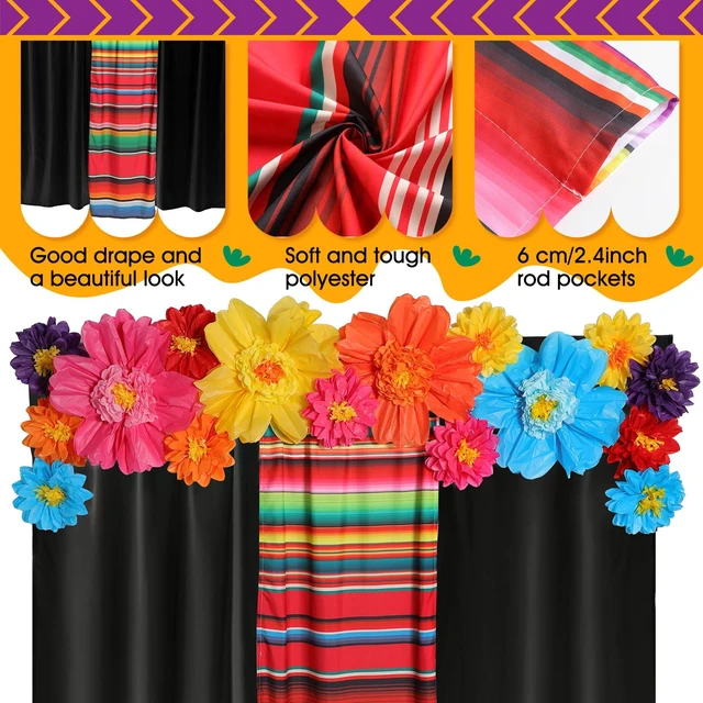 Alt view image 3 of 7 - 19 Pcs Mexican Backdrop Curtain Paper Flowers, Black, Flower Polyester Curtains for Arch Decor, Princess Party Photo Booth, Elegant Fiesta Supplies, Cinco De Mayo Wedding Decor