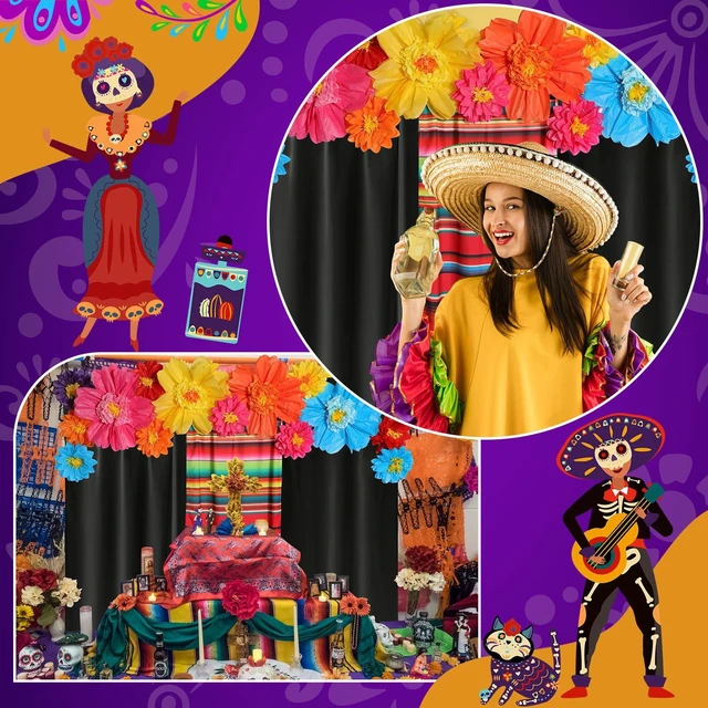 Alt view image 6 of 7 - 19 Pcs Mexican Backdrop Curtain Paper Flowers, Black, Flower Polyester Curtains for Arch Decor, Princess Party Photo Booth, Elegant Fiesta Supplies, Cinco De Mayo Wedding Decor