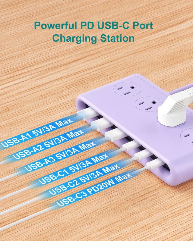 Alt view image 4 of 7 - 10 in 1 Travel Power Strip, 5ft Extension Cord with Multiple Outlets 4 AC, 3 USB C, 3 USB A, Flat Plug Power Strip, PD20W Charging Station with Multiple Outlets, Cruise Essentials, ETL Listed