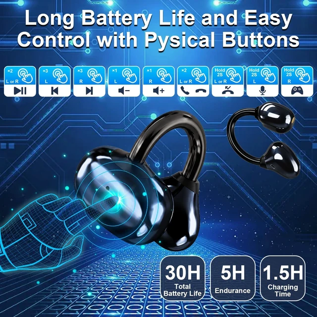 Alt view image 7 of 7 - ZOMBIESCAT B23 Third-generation Open Headphones, Clip-on Earclip Earbuds True Wireless TWS Bluetooth 6.0 with Microphone, Suitable for Men, Glasses and Outdoor Sports, Black