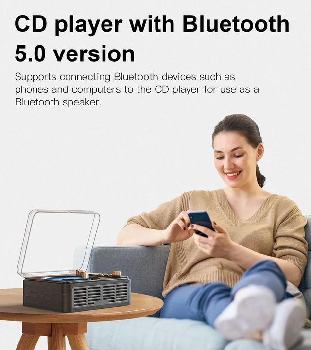 Alt view image 3 of 6 - Retro CD Player with Bluetooth, Desktop CD Players for Home, Built-in Speakers/FM Radio/Headphone Jack/AUX/USB/LCD Screen Display with Remote Controls-Black