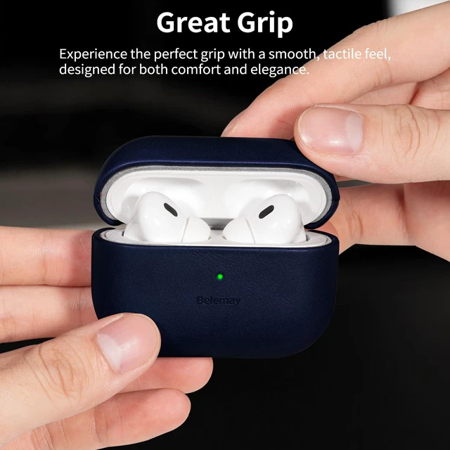 Alt view image 3 of 7 - Handcrafted Vegetable-Tanned Leather Case for AirPods Pro 3 Full-Grain Cowhide, Develops Rich Patina, Handcrafted Cover, Compatible with MagSafe, Secure Grip, Precision Fit, Navy Blue