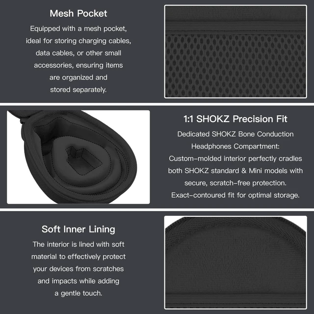 Alt view image 5 of 7 - Hard Case for SHOKZ OpenRun Pro 2/1/Mini,OpenMove,OpenSwim, Black Compatible with All Dual-Size SHOKZ Open-Ear Bone Conduction Sport Headphones, Standard And Mini Fit, Custom-Molded Insert