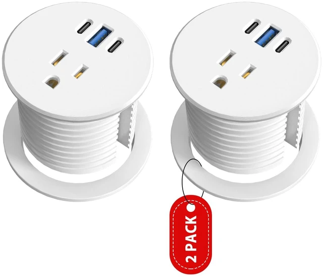 Main image of Recessed Power Strip-2 Pack Desk Grommet Power Strip, 2.5 inch Desktop with 20W Fast Charging USB-C Port (White, 10FT)