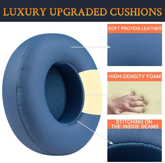 Alt view image 5 of 7 - Earpads Cushions Replacement for Beats Solo 4 Wireless On-Ear Headphones, Solo4 Ear Pads with Soft Protein Leather, High-Density Noise Isolation Foam, Added Thickness - Slate Blue