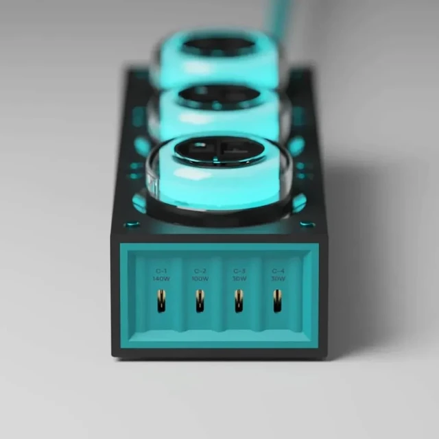 Alt view image 2 of 6 - Moonbase 240W GaN Desktop Charger Power Hub 7-Port USB-C 240W GaN power hub with 140W USB-C PD, 3 AC outlets, 4 USB-C ports, smart power distribution, and 8-point safety protection