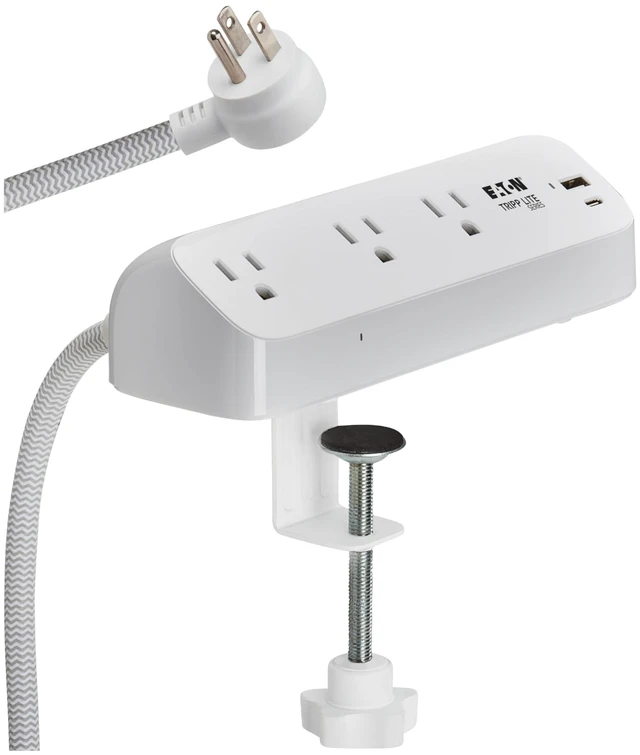 Main image of Eaton TLP308U20CLAMP Desk Clamp Surge Protector + USB & USB-C 3 Outlets, 510 Joules, 8ft Braided Extension Cord, EMI/RFI Filtering, Manufacturer's & $25,000 Insurance