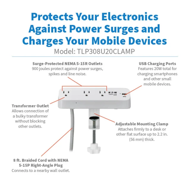 Alt view image 2 of 7 - Eaton TLP308U20CLAMP Desk Clamp Surge Protector + USB & USB-C 3 Outlets, 510 Joules, 8ft Braided Extension Cord, EMI/RFI Filtering, Manufacturer's & $25,000 Insurance