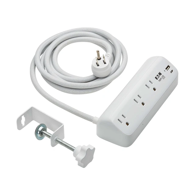 Alt view image 5 of 7 - Eaton TLP308U20CLAMP Desk Clamp Surge Protector + USB & USB-C 3 Outlets, 510 Joules, 8ft Braided Extension Cord, EMI/RFI Filtering, Manufacturer's & $25,000 Insurance
