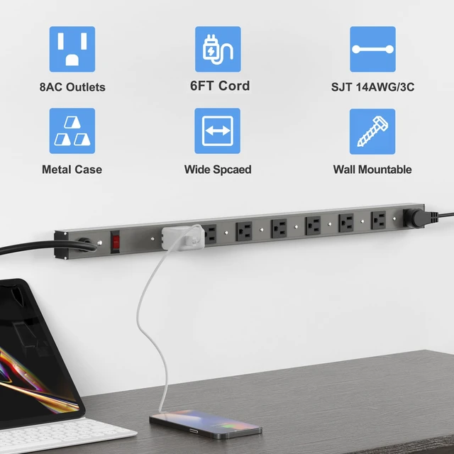 Alt view image 2 of 4 - 8 Outlets Surged Aluminum Alloy Heavy Duty Metal Socket Power Strip, 6-Foot Long Extension Cord with Surge Protection.ETL Certified,Aluminum Alloy Silver with Black Hole