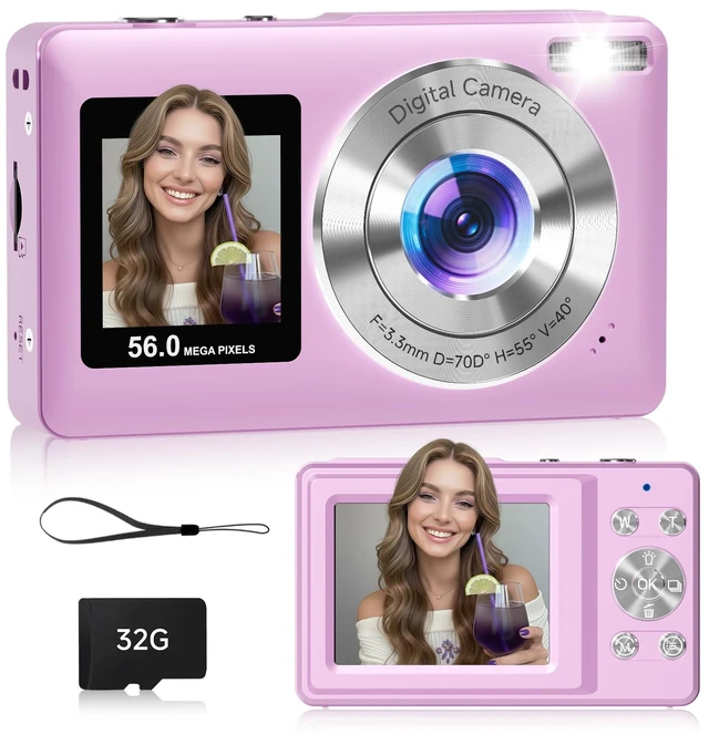 Main image of Compact Camera,56MP Dual-Screen Digital Camera for Teens with Auto Focus,Smile Capture,Anti-Shake,16X Zoom,32GB SD Card Camera Digital Gift for Boys Girls Teens