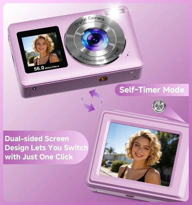 Alt view image 2 of 7 - Compact Camera,56MP Dual-Screen Digital Camera for Teens with Auto Focus,Smile Capture,Anti-Shake,16X Zoom,32GB SD Card Camera Digital Gift for Boys Girls Teens