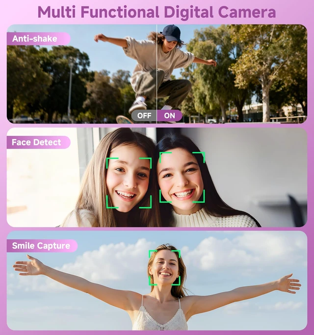 Alt view image 5 of 7 - Compact Camera,56MP Dual-Screen Digital Camera for Teens with Auto Focus,Smile Capture,Anti-Shake,16X Zoom,32GB SD Card Camera Digital Gift for Boys Girls Teens