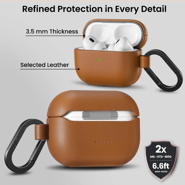 Alt view image 3 of 7 - for AirPods Pro 2 Case, Vegan Leather Cover, Brown Leather Vegan Leather Cover, Front LED Visible, Wireless Charging, Anti-Scratch, Soft Touch, Metal Carabiner