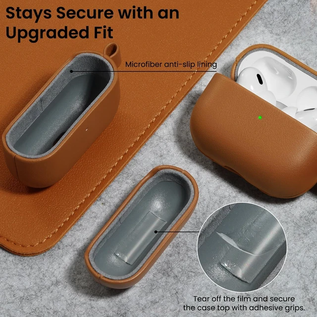 Alt view image 6 of 7 - for AirPods Pro 2 Case, Vegan Leather Cover, Brown Leather Vegan Leather Cover, Front LED Visible, Wireless Charging, Anti-Scratch, Soft Touch, Metal Carabiner