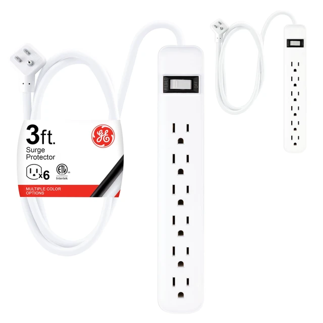 Main image of Sur Protector Power Strip, 2 Pack, 3 Ft Extension Cord 6 Outlet Extender, 450 Joules, Flat Plug, Wall Mount, On Off Switch, Heavy Duty, ETL Safety Listed, White, 14709