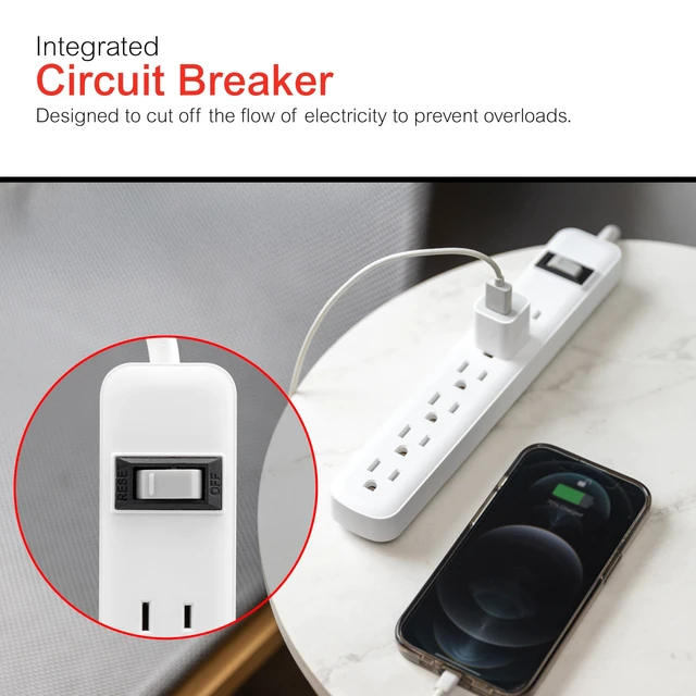 Alt view image 3 of 5 - Sur Protector Power Strip, 2 Pack, 3 Ft Extension Cord 6 Outlet Extender, 450 Joules, Flat Plug, Wall Mount, On Off Switch, Heavy Duty, ETL Safety Listed, White, 14709