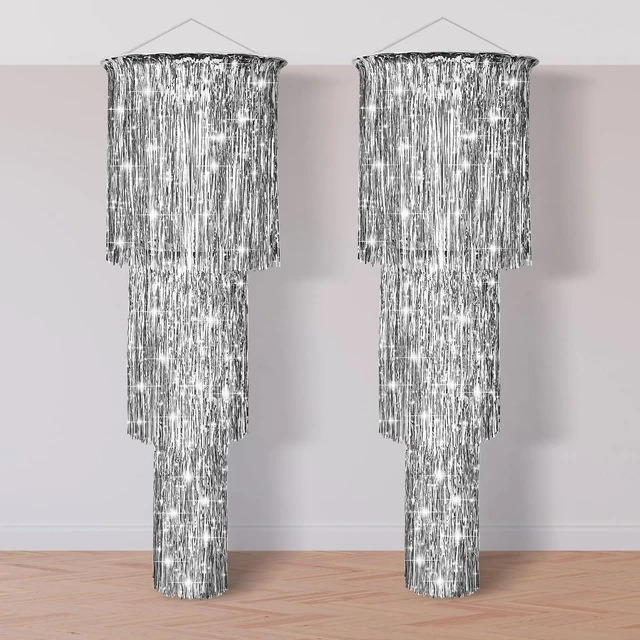 Main image of 2 Pcs 3 Tier Metallic Tinsel Chandelier Shimmering Fringe Chandelier Decor Hanging Decoration Photo Booth Backdrop for Birthday Anniversary Wedding Party Supplies, 4 Ft(Silver)
