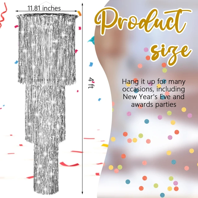 Alt view image 2 of 6 - 2 Pcs 3 Tier Metallic Tinsel Chandelier Shimmering Fringe Chandelier Decor Hanging Decoration Photo Booth Backdrop for Birthday Anniversary Wedding Party Supplies, 4 Ft(Silver)