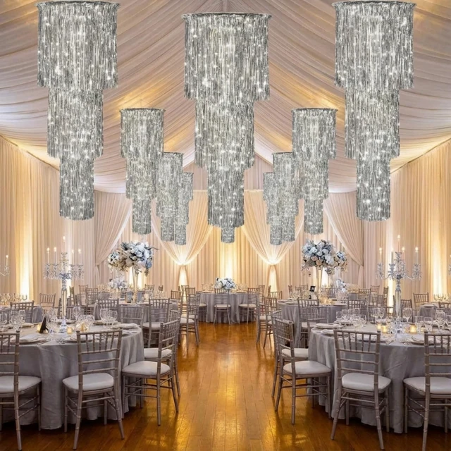 Alt view image 5 of 6 - 2 Pcs 3 Tier Metallic Tinsel Chandelier Shimmering Fringe Chandelier Decor Hanging Decoration Photo Booth Backdrop for Birthday Anniversary Wedding Party Supplies, 4 Ft(Silver)